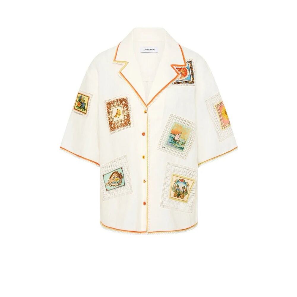 NEW WITH TAGS ANTIPODEAN Women’s 8 White Trips Oversized Shirt with Binds Linen